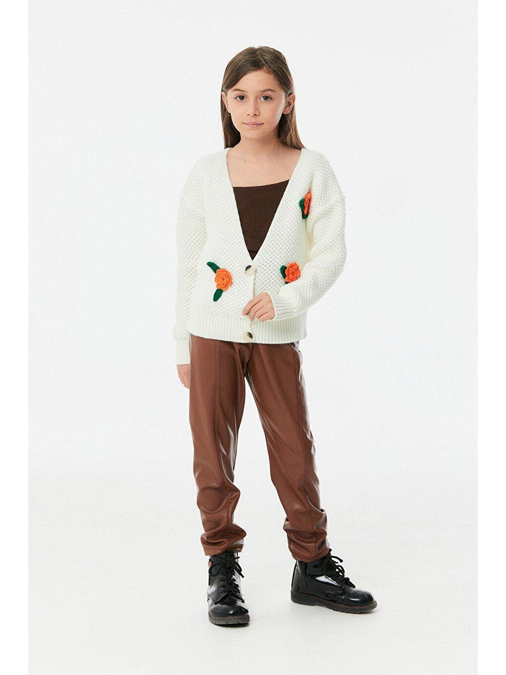 Ekru Çiçek Detaylı Kız Çocuk Triko Hırka-2