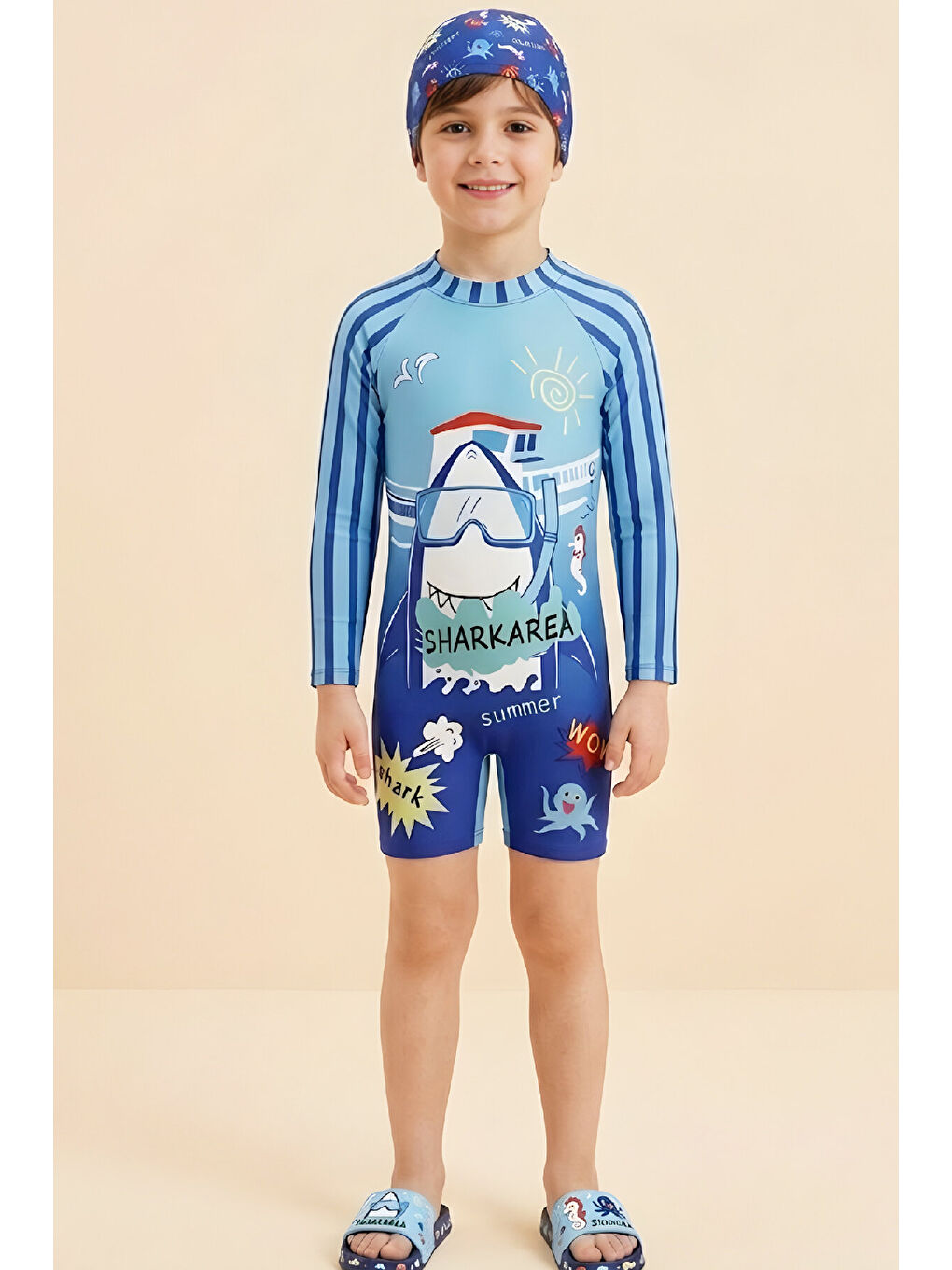 Mavi Erkek Çocuk Mayo Takımı-Uzun Kollu Yüzücü Mayo ve Bone 3-12 Yaş 12632N