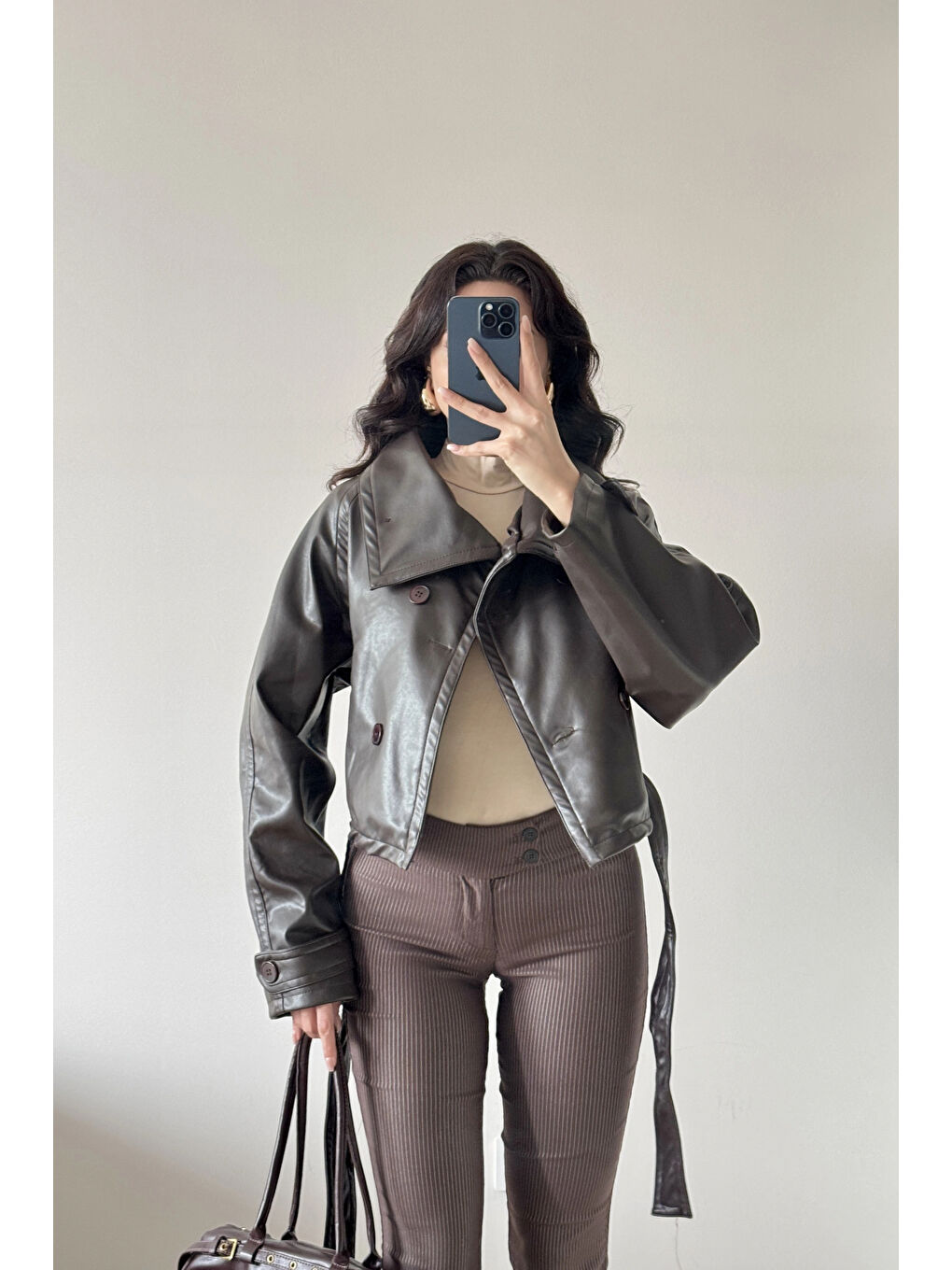 Kahverengi Kadın Kahve Düğmeli İnce Deri Ceket 0999-8505-5