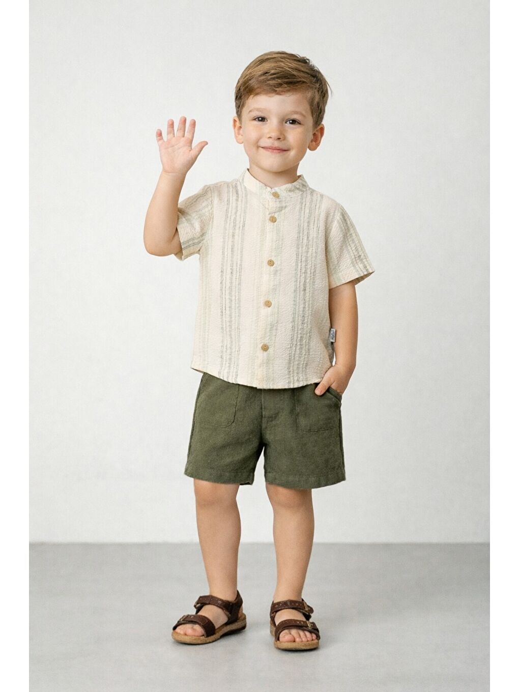 Haki Tarz Gömlek Çizgi Desenli Belden Ayarlanabilir Kısa Kollu Şortlu 2'li Takım-1