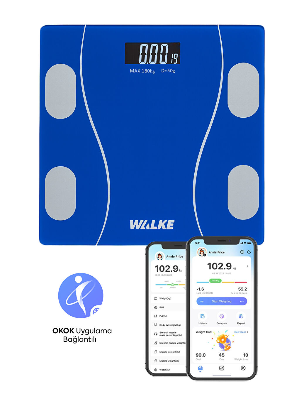 Premium Uygulama Bağlantılı Akıllı Baskül Mavi