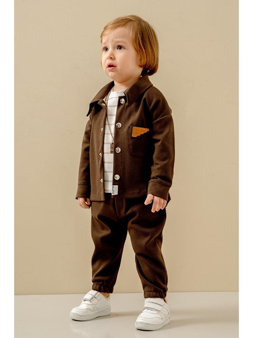 Erkek Çocuk Kahverengi Düğmeli Ceket Pantolon Ve T Shirt Takım-8