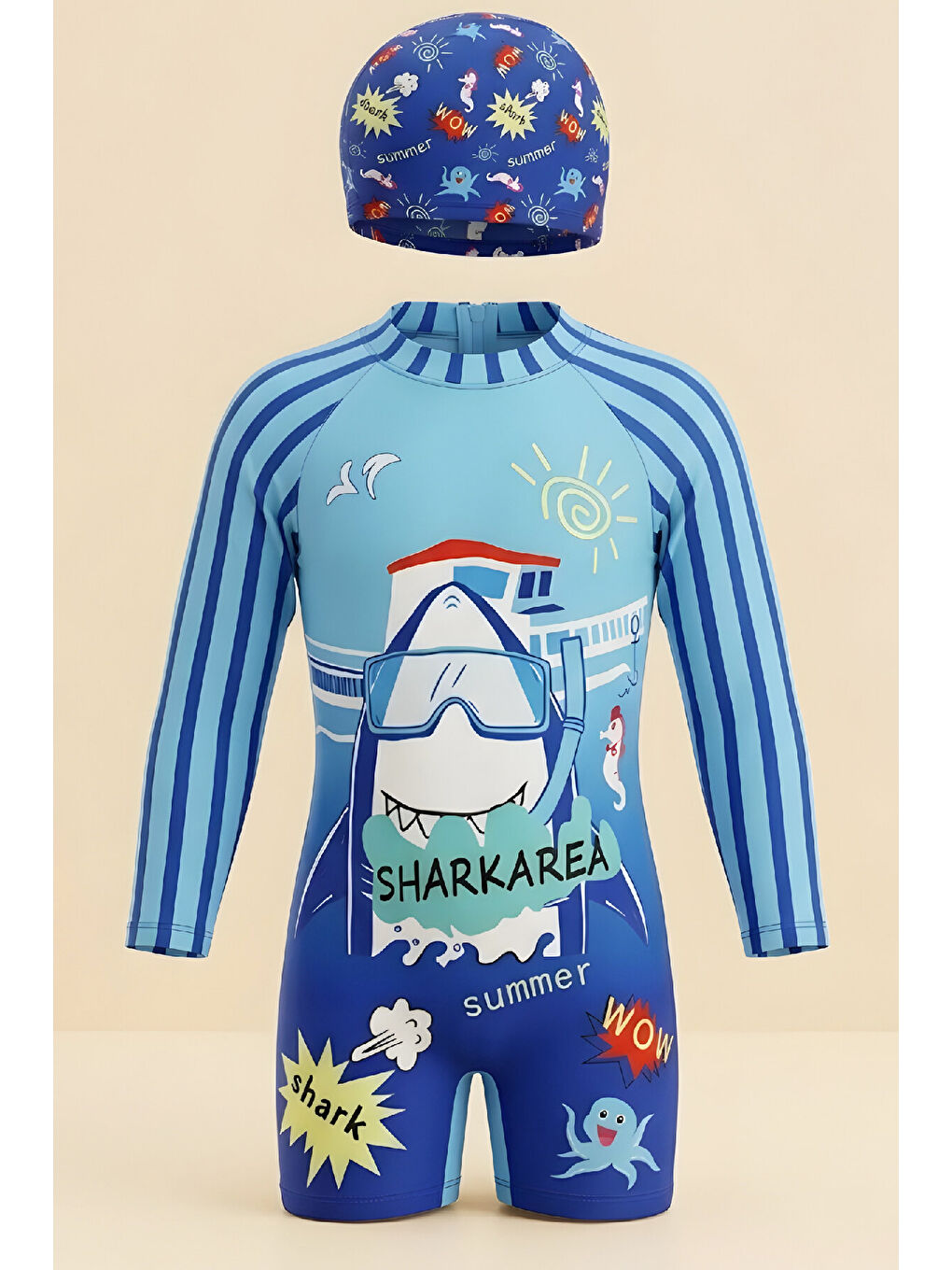 Mavi Erkek Çocuk Mayo Takımı-Uzun Kollu Yüzücü Mayo ve Bone 3-12 Yaş 12632N-1