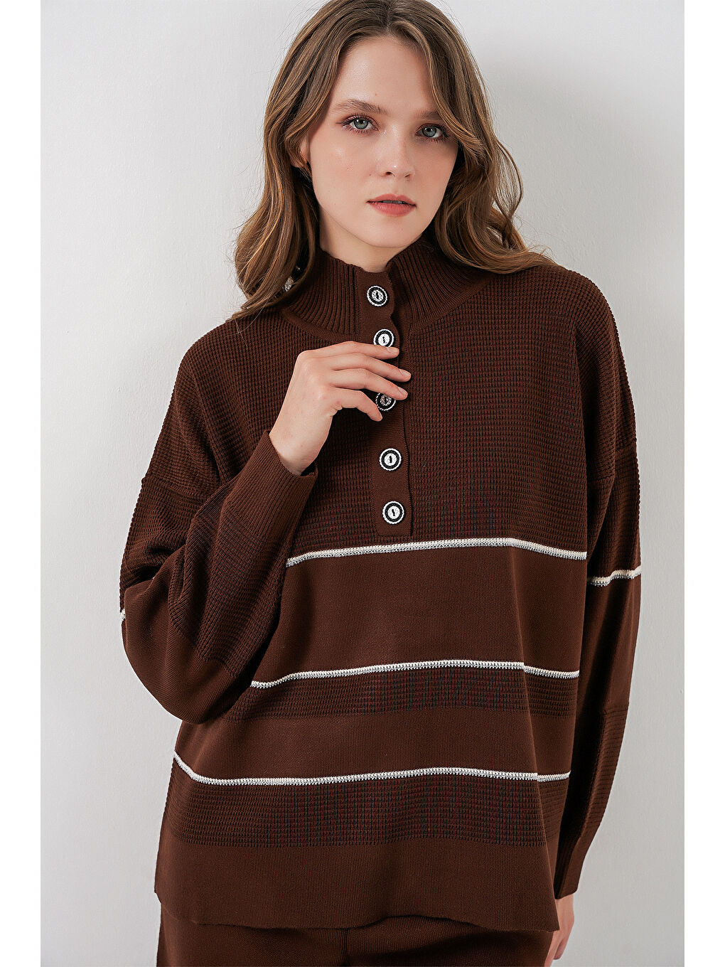 Kadın Çizgili Oversize Triko İkili Takım 15957 - Kahverengi-2