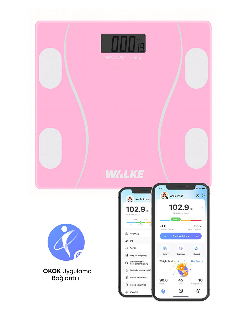 Premium Uygulama Bağlantılı Akıllı Baskül Pembe