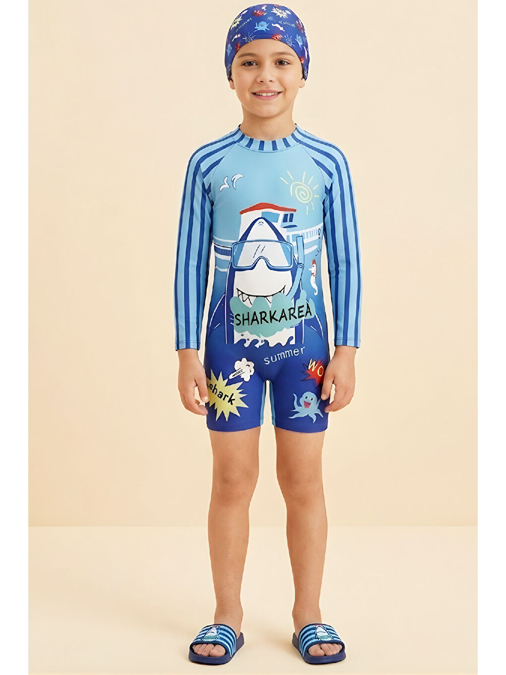 Mavi Erkek Çocuk Mayo Takımı-Uzun Kollu Yüzücü Mayo ve Bone 3-12 Yaş 12632N-2