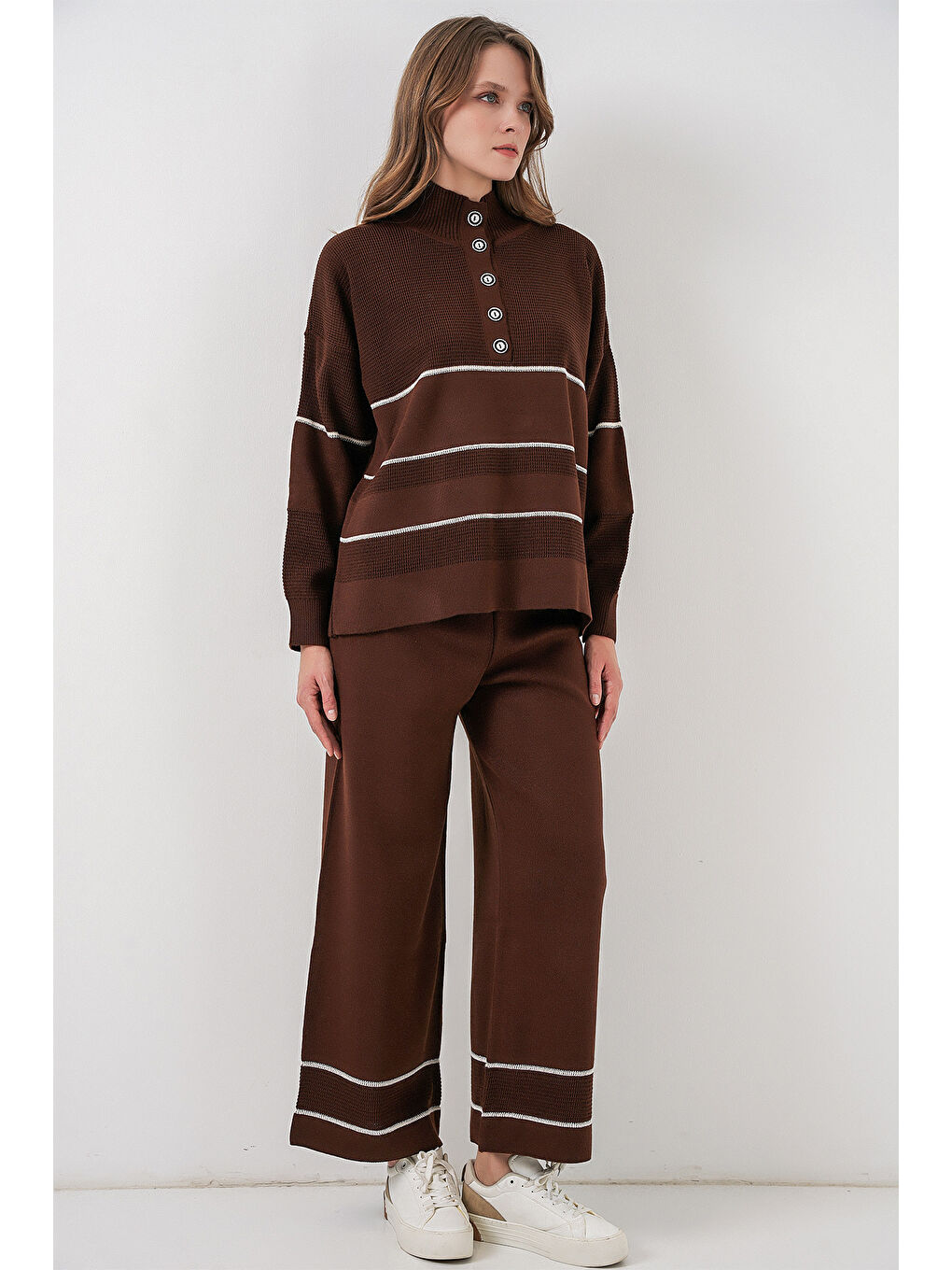 Kadın Çizgili Oversize Triko İkili Takım 15957 - Kahverengi-3