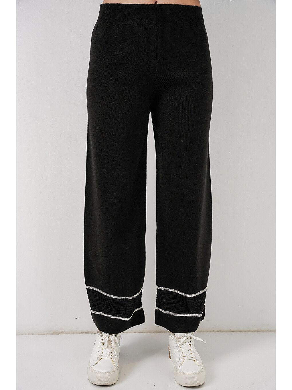 Kadın Çizgili Oversize Triko İkili Takım 15957 - Siyah-1