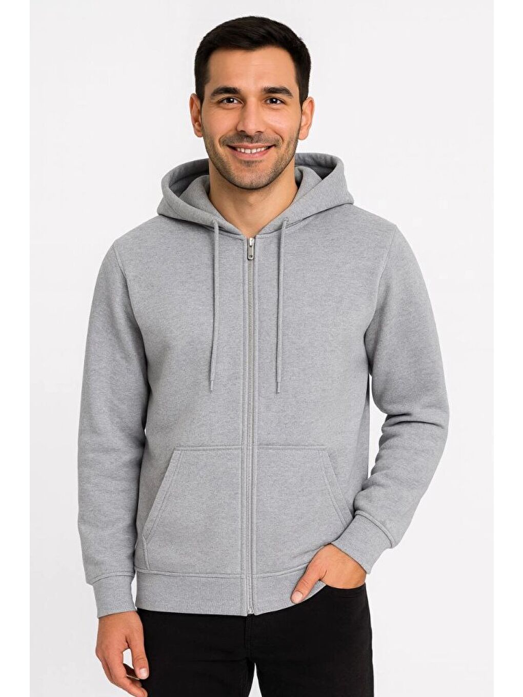 Erkek Üç İplik Kapüşonlu Tam Fermuarlı Kanguru Çepli SweatShirt Hoodie - Gri