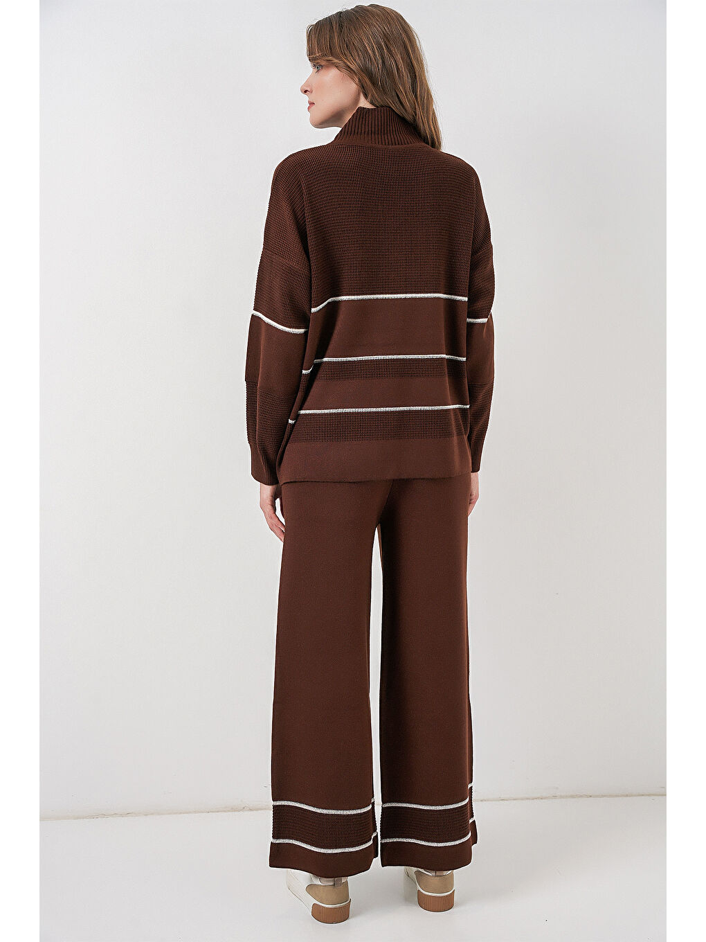 Kadın Çizgili Oversize Triko İkili Takım 15957 - Kahverengi-5