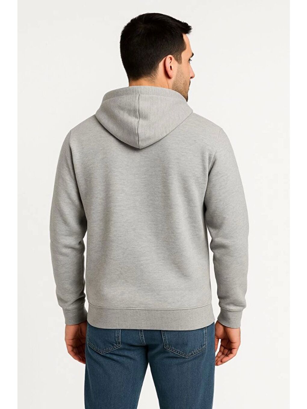 Erkek Üç İplik Kapüşonlu Tam Fermuarlı Kanguru Çepli SweatShirt Hoodie - Gri-1