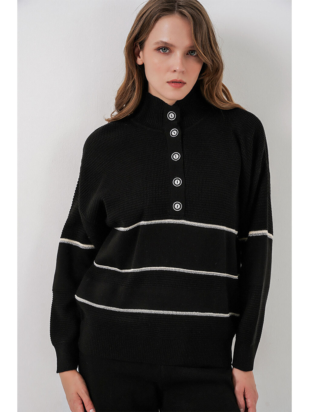 Kadın Çizgili Oversize Triko İkili Takım 15957 - Siyah-2