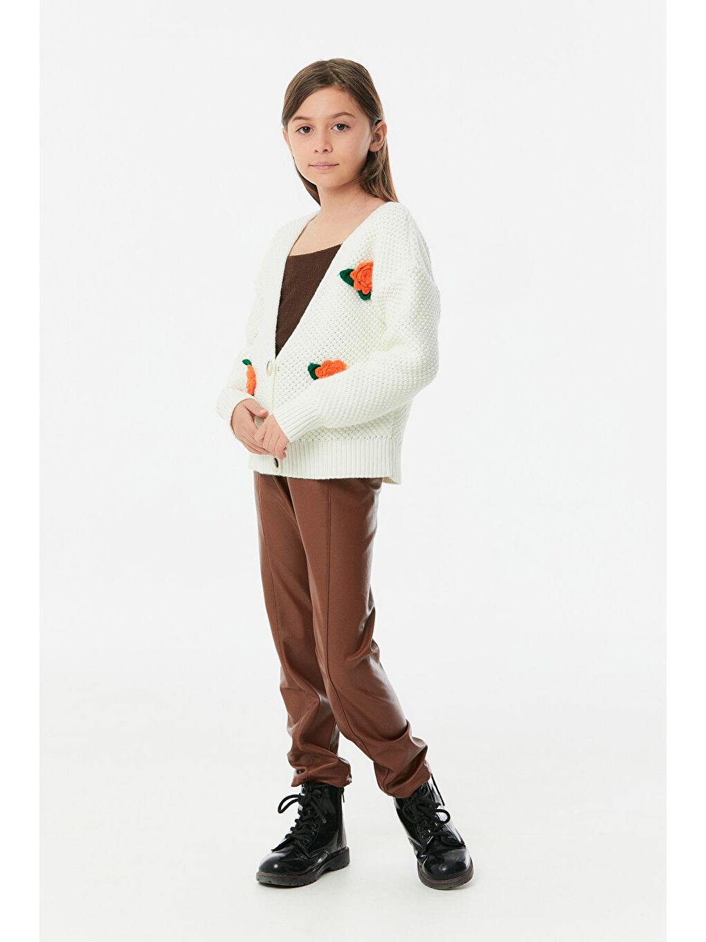 Ekru Çiçek Detaylı Kız Çocuk Triko Hırka-3
