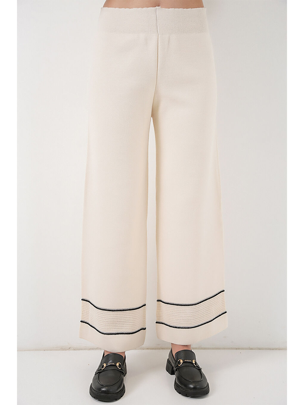 Kadın Çizgili Oversize Triko İkili Takım 15957 - Ekru-1