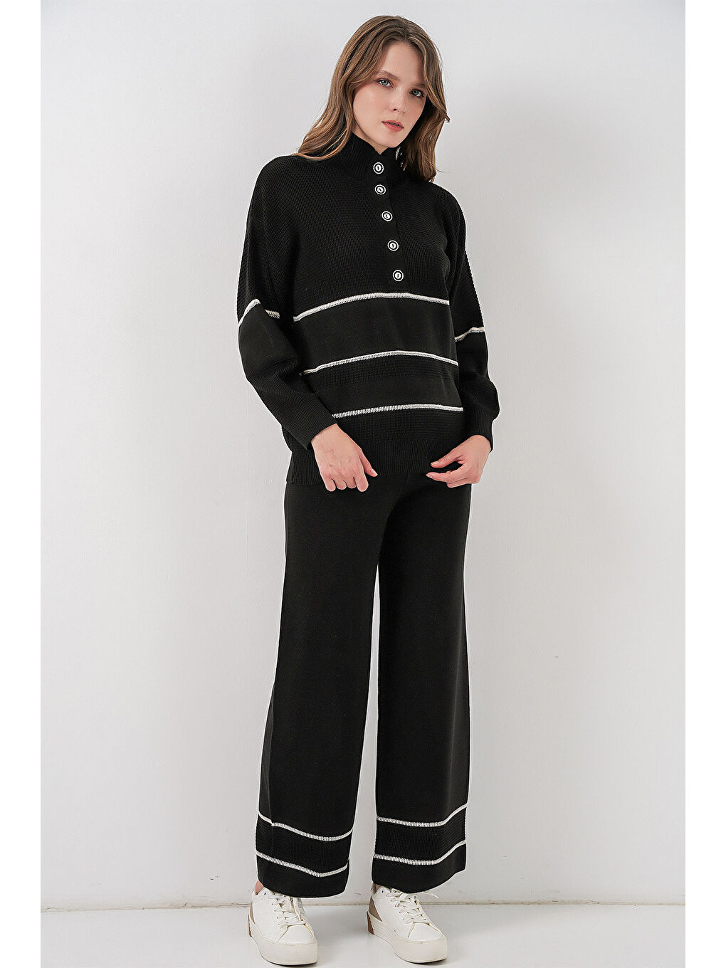 Kadın Çizgili Oversize Triko İkili Takım 15957 - Siyah-3