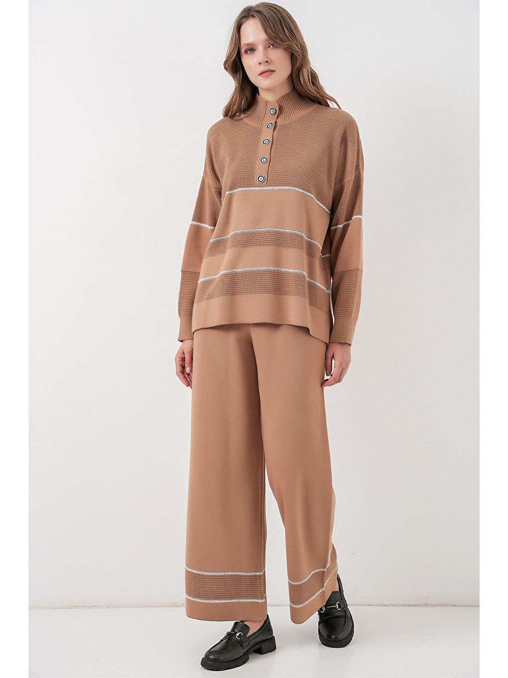 Sarı Kadın Çizgili Oversize Triko İkili Takım 15957 - Camel