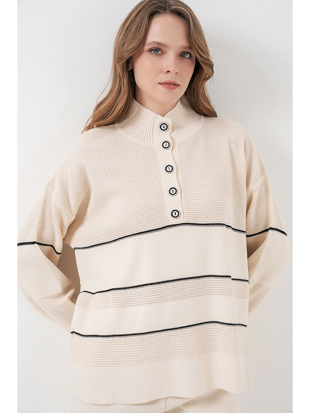 Kadın Çizgili Oversize Triko İkili Takım 15957 - Ekru-2