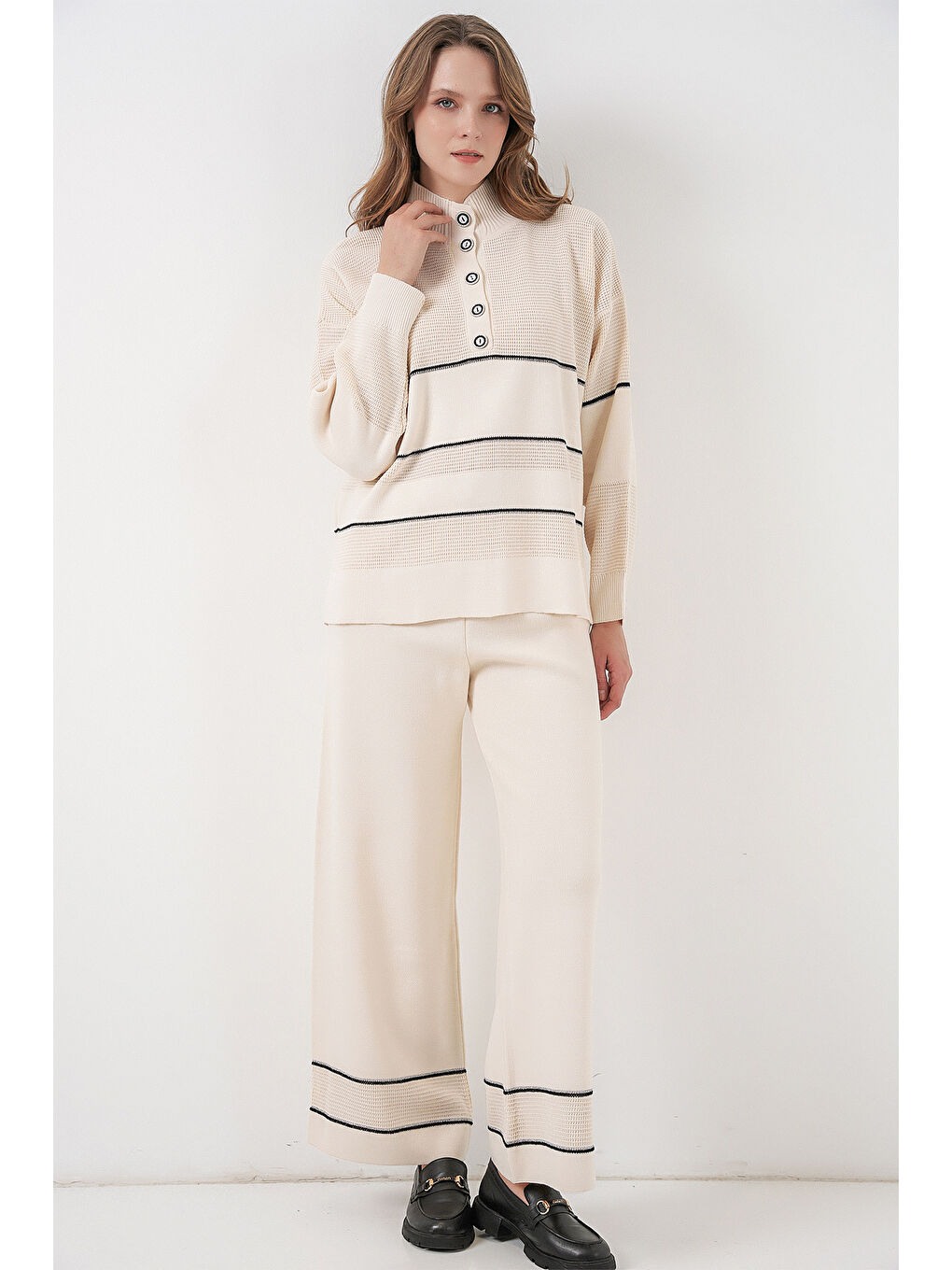 Kadın Çizgili Oversize Triko İkili Takım 15957 - Ekru-3