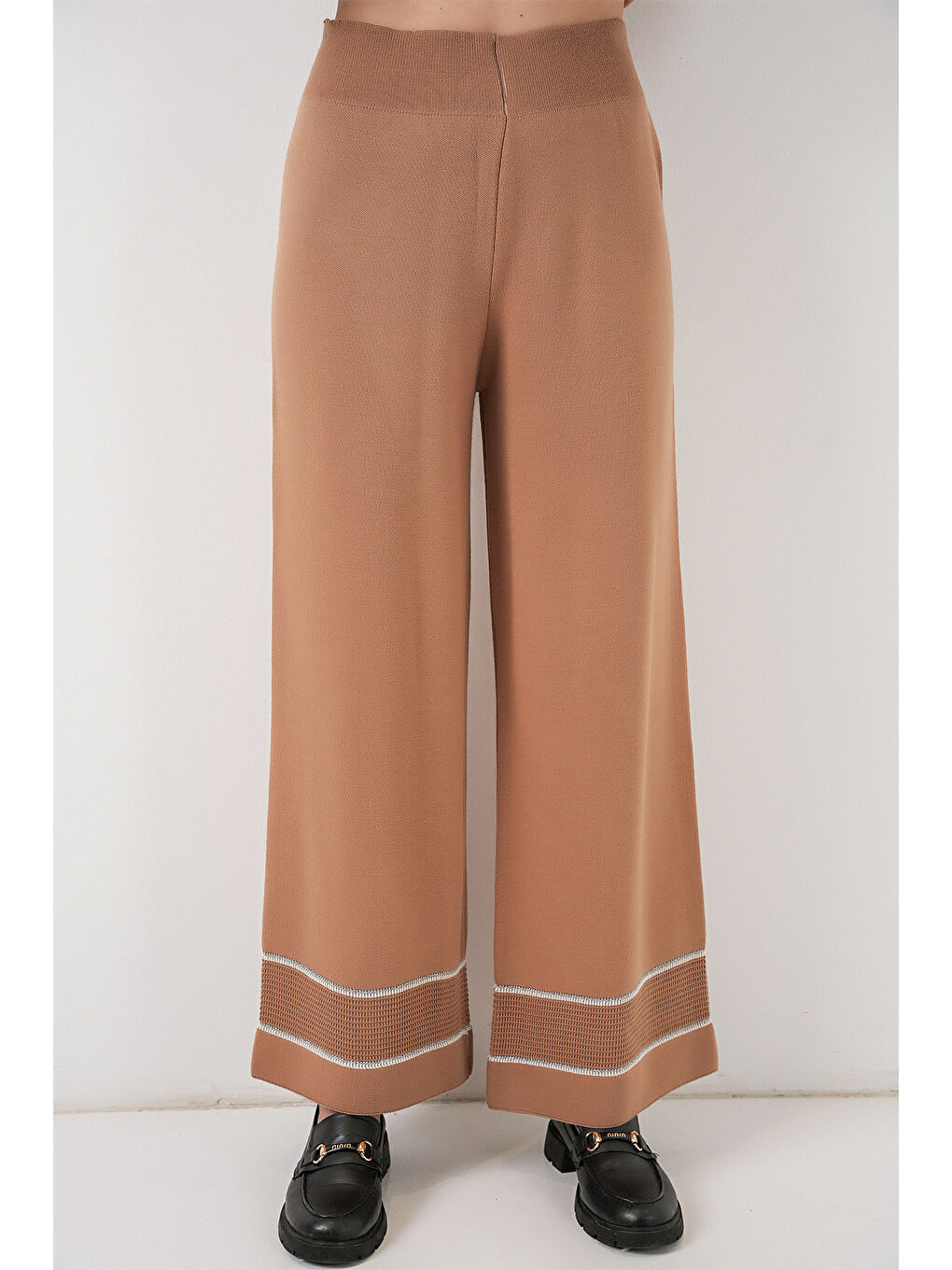 Sarı Kadın Çizgili Oversize Triko İkili Takım 15957 - Camel-1