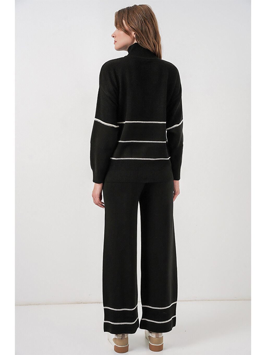 Kadın Çizgili Oversize Triko İkili Takım 15957 - Siyah-5