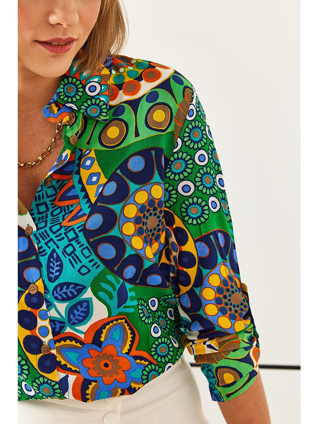 Yeşil Kadın Multi Desenli Kol Katlamalı Slim Gömlek-2