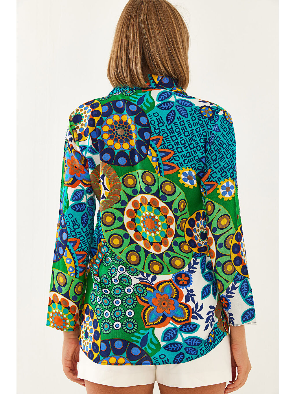 Yeşil Kadın Multi Desenli Kol Katlamalı Slim Gömlek-3