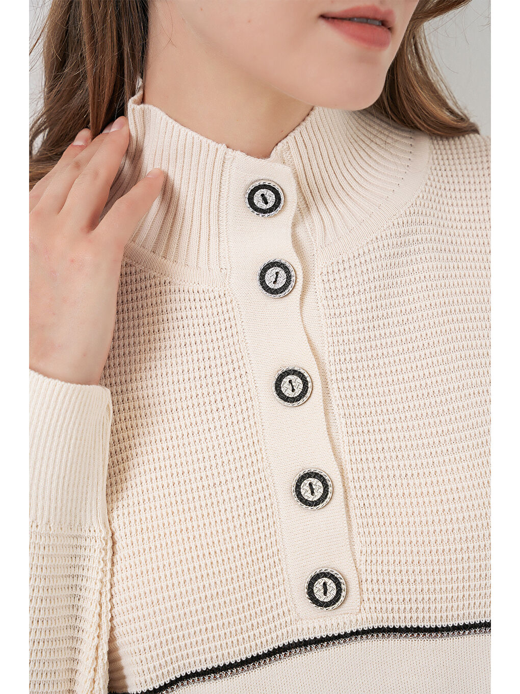 Kadın Çizgili Oversize Triko İkili Takım 15957 - Ekru-4