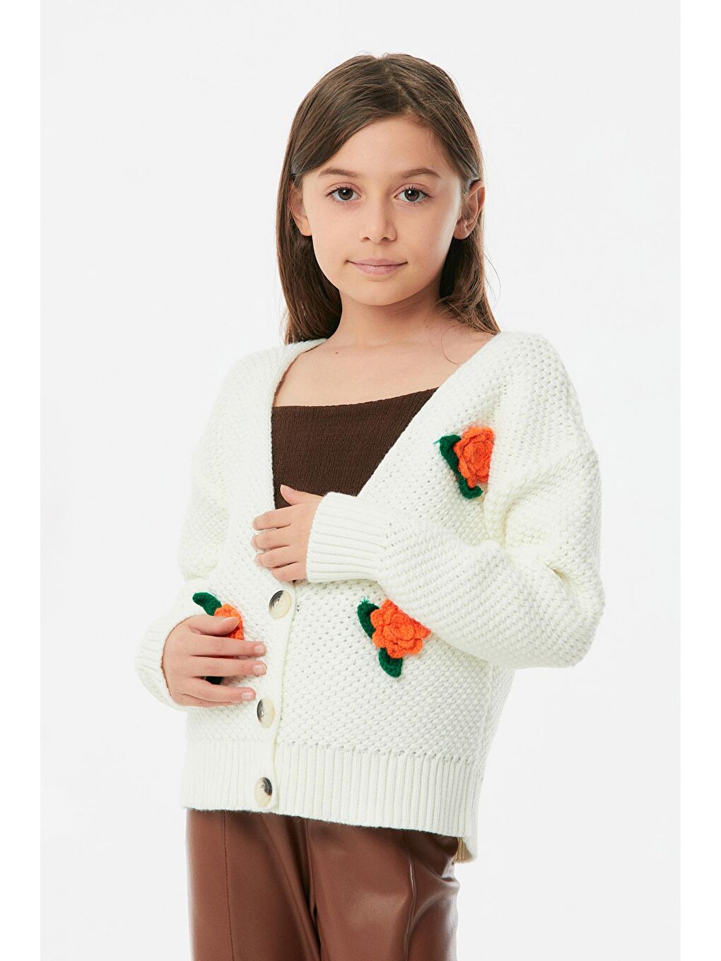 Ekru Çiçek Detaylı Kız Çocuk Triko Hırka-4