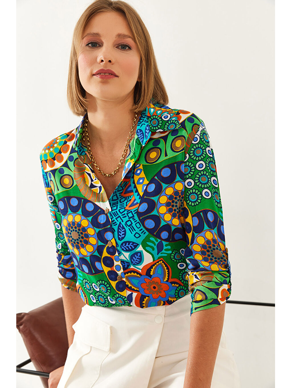 Yeşil Kadın Multi Desenli Kol Katlamalı Slim Gömlek-4