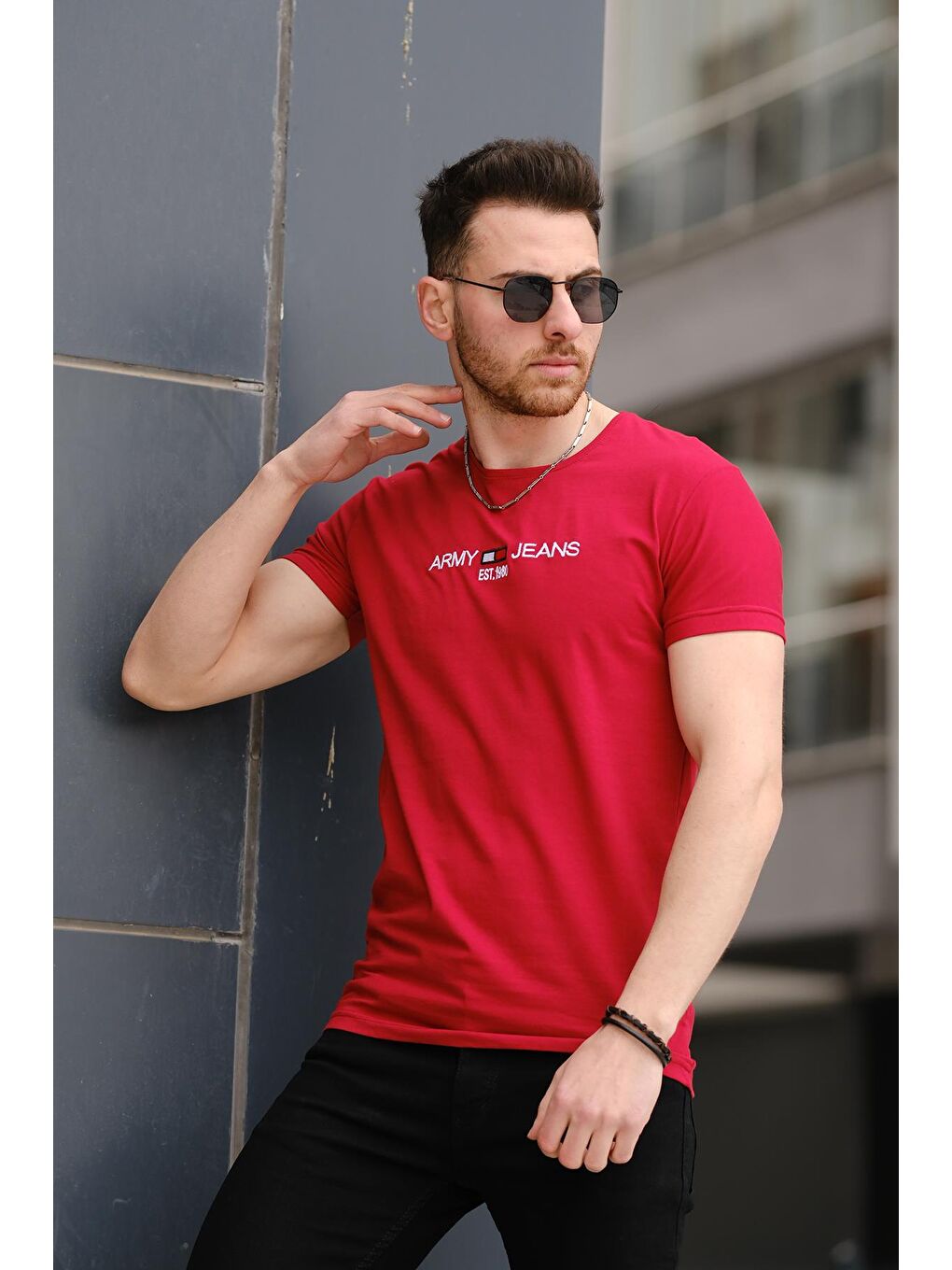 Bordo Army Nakışlı Slim Fit Likralı Erkek Tişört