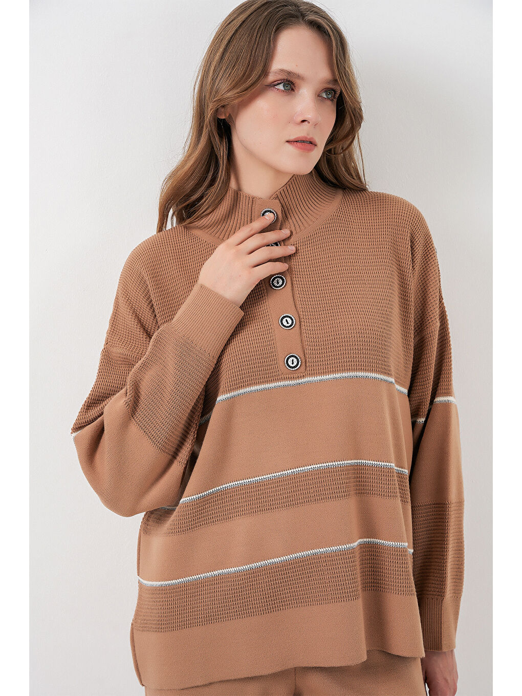 Sarı Kadın Çizgili Oversize Triko İkili Takım 15957 - Camel-2