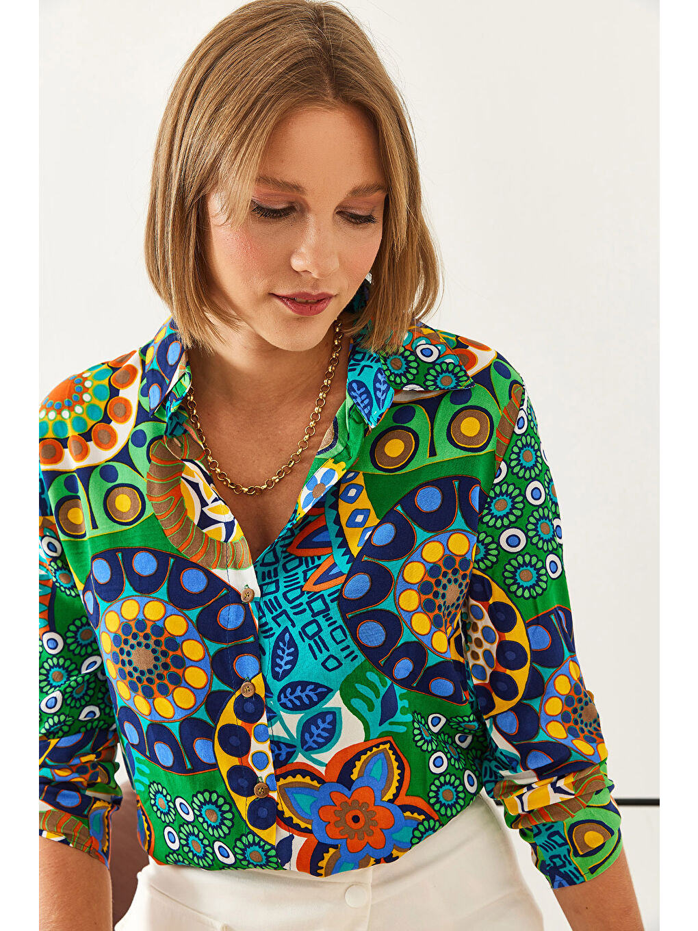 Yeşil Kadın Multi Desenli Kol Katlamalı Slim Gömlek-5