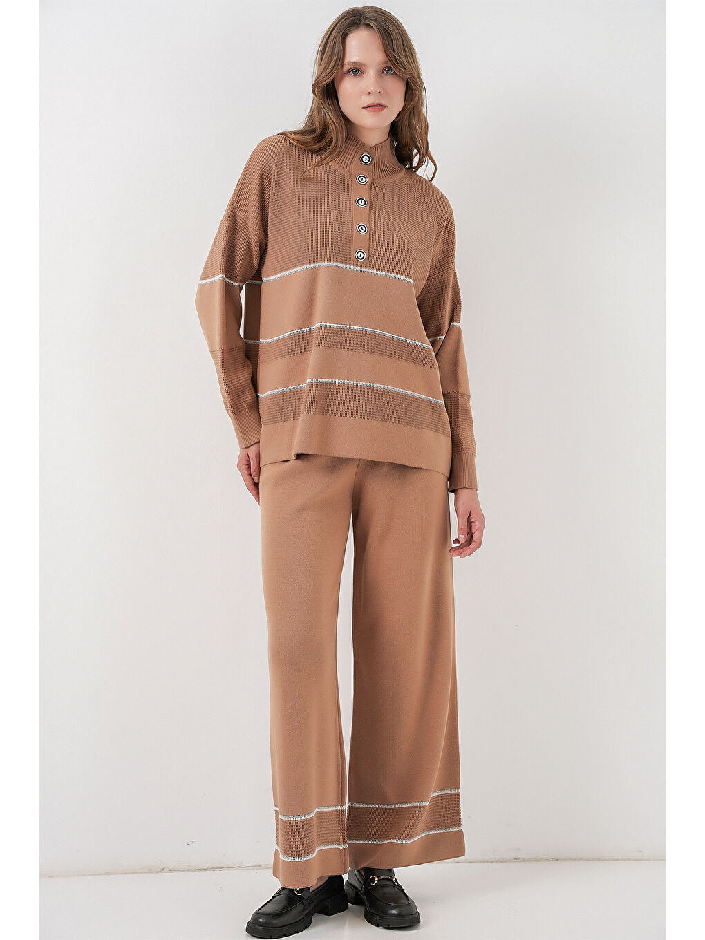 Sarı Kadın Çizgili Oversize Triko İkili Takım 15957 - Camel-3