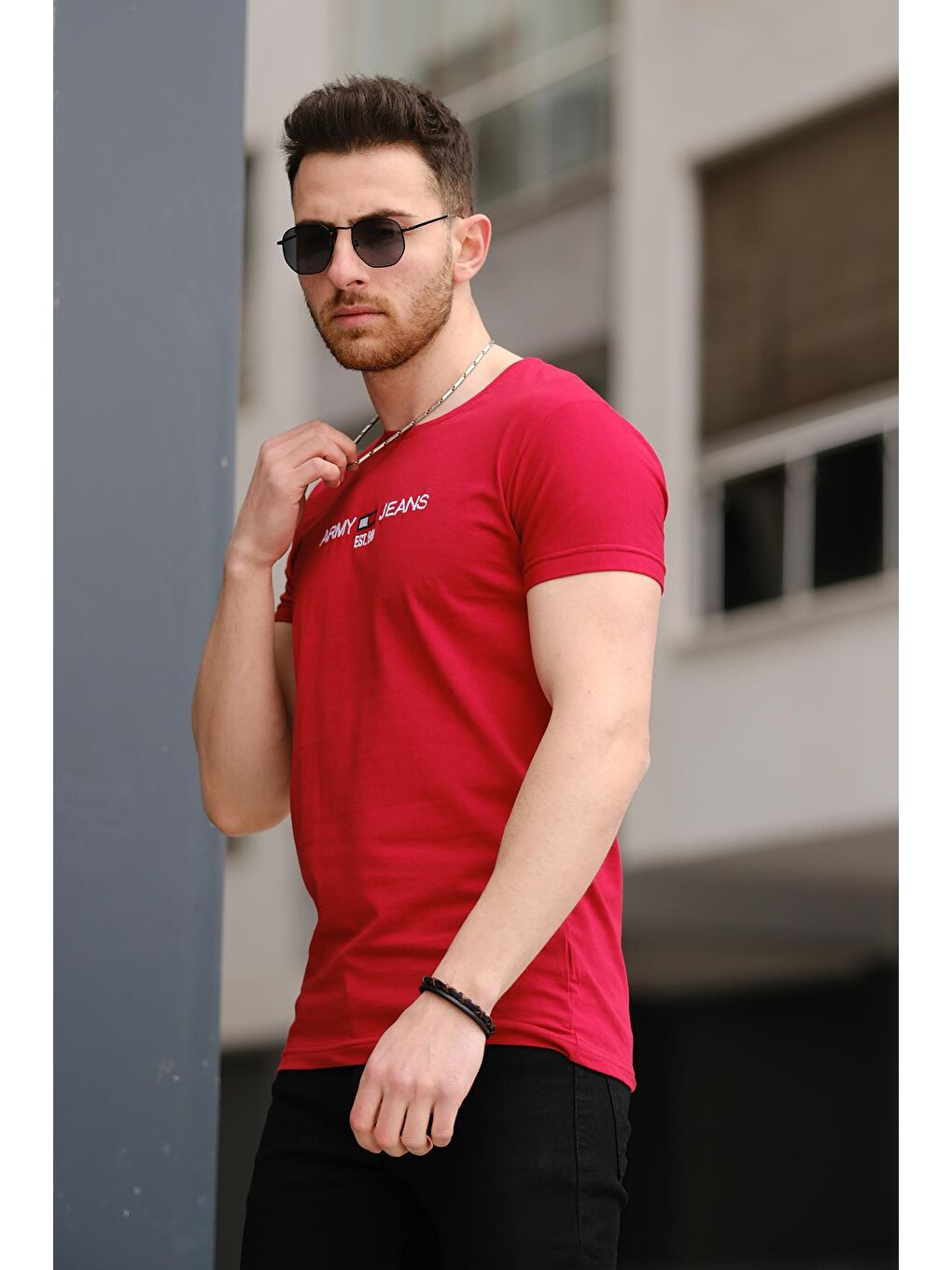 Bordo Army Nakışlı Slim Fit Likralı Erkek Tişört-1