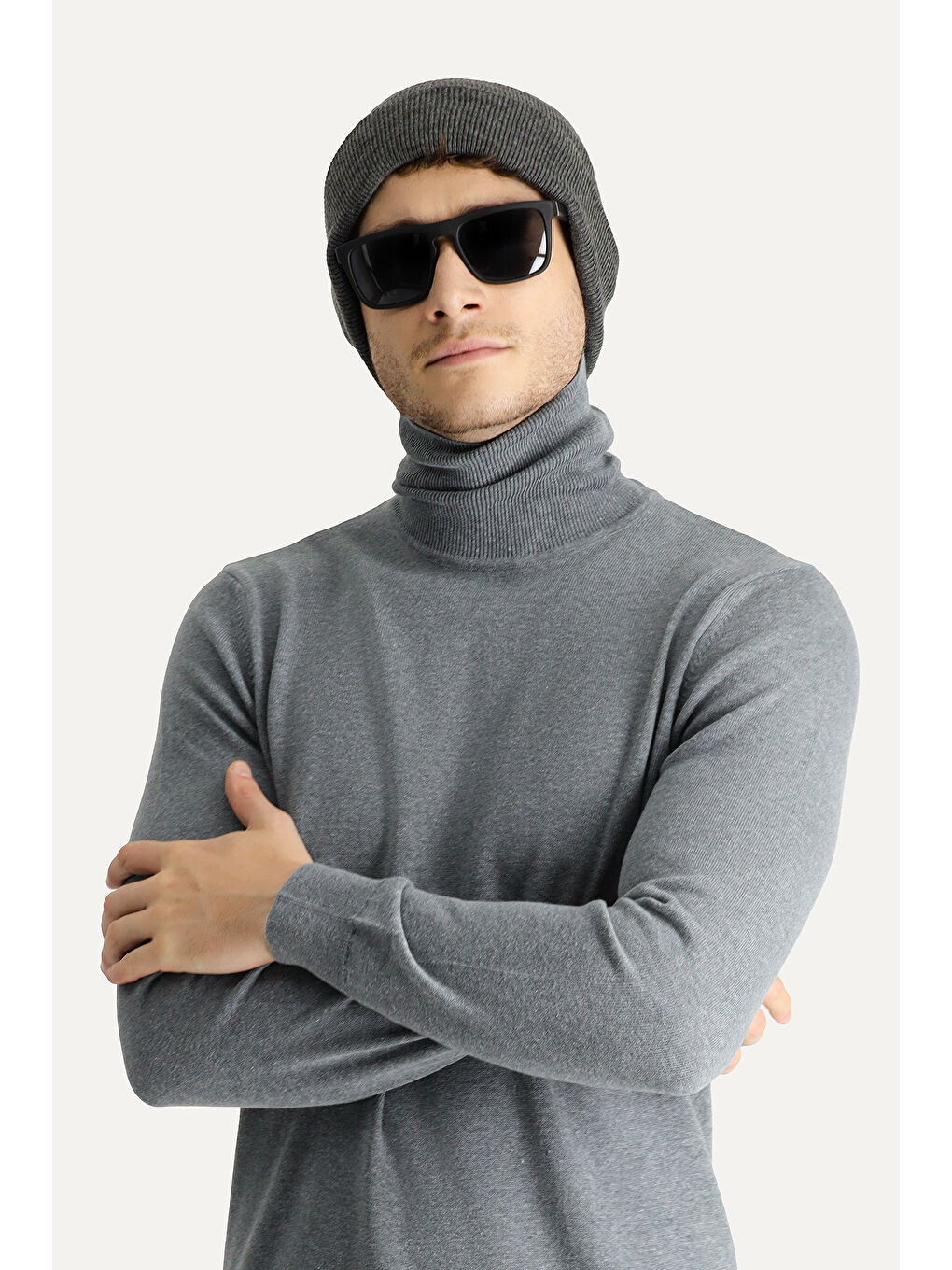 Gri Balıkçı Yaka Regular Fit Pamuklu Triko Büyük Beden Kazak-1