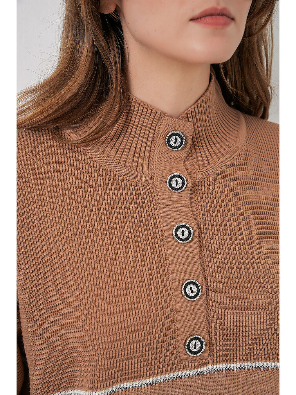 Sarı Kadın Çizgili Oversize Triko İkili Takım 15957 - Camel-4