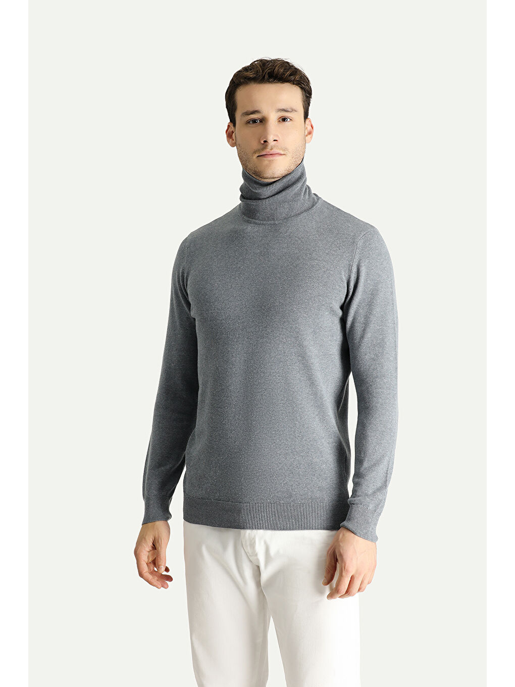 Gri Balıkçı Yaka Regular Fit Pamuklu Triko Büyük Beden Kazak-2