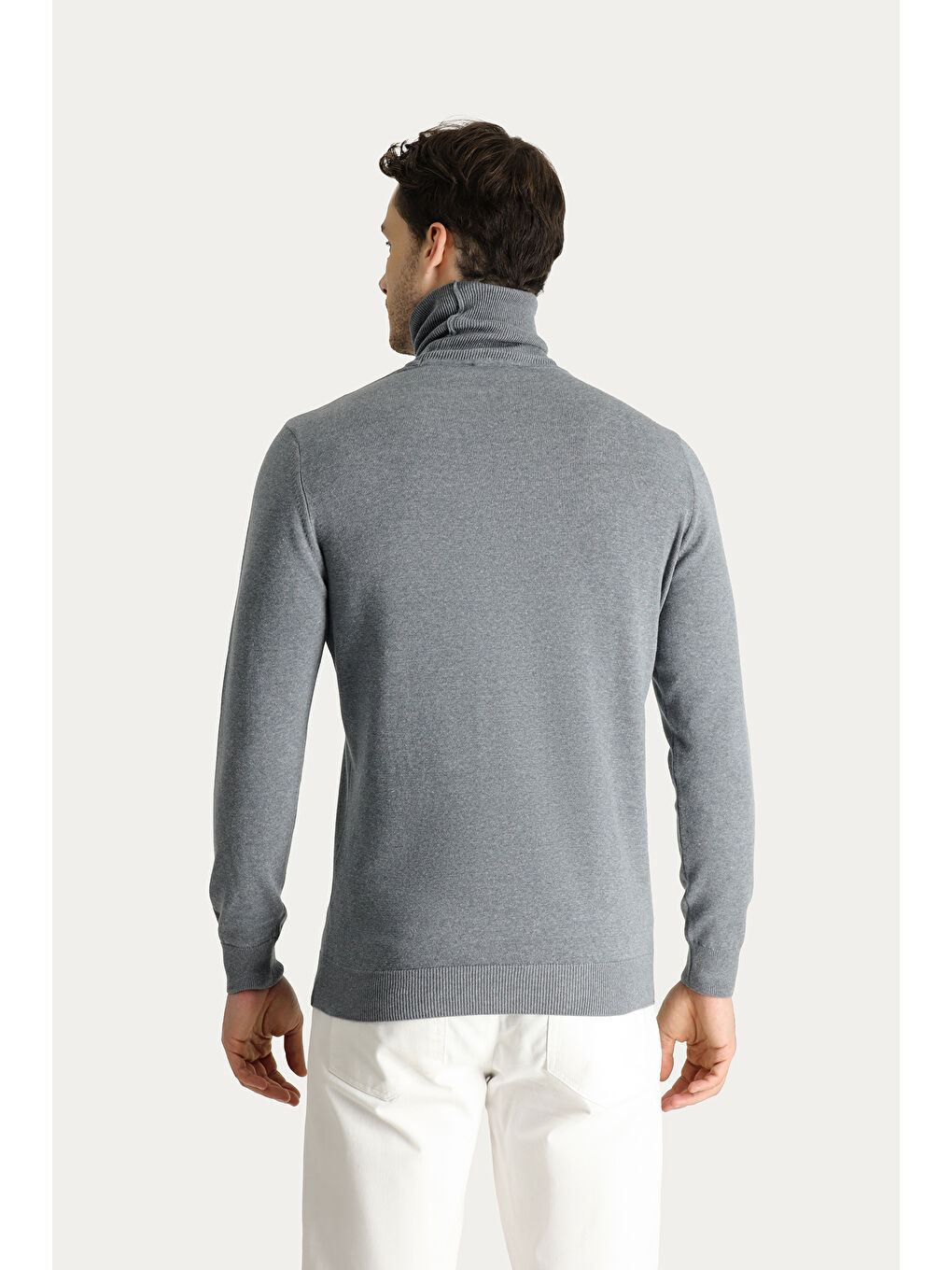 Gri Balıkçı Yaka Regular Fit Pamuklu Triko Büyük Beden Kazak-3