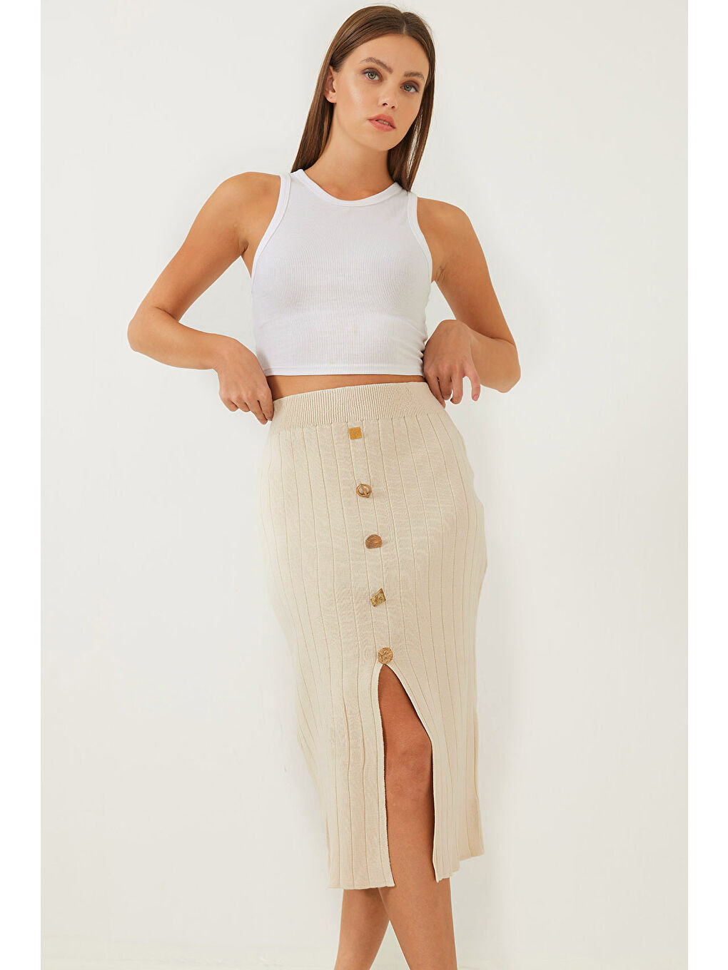 Ekru Kadın Düğme Detaylı Triko Etek