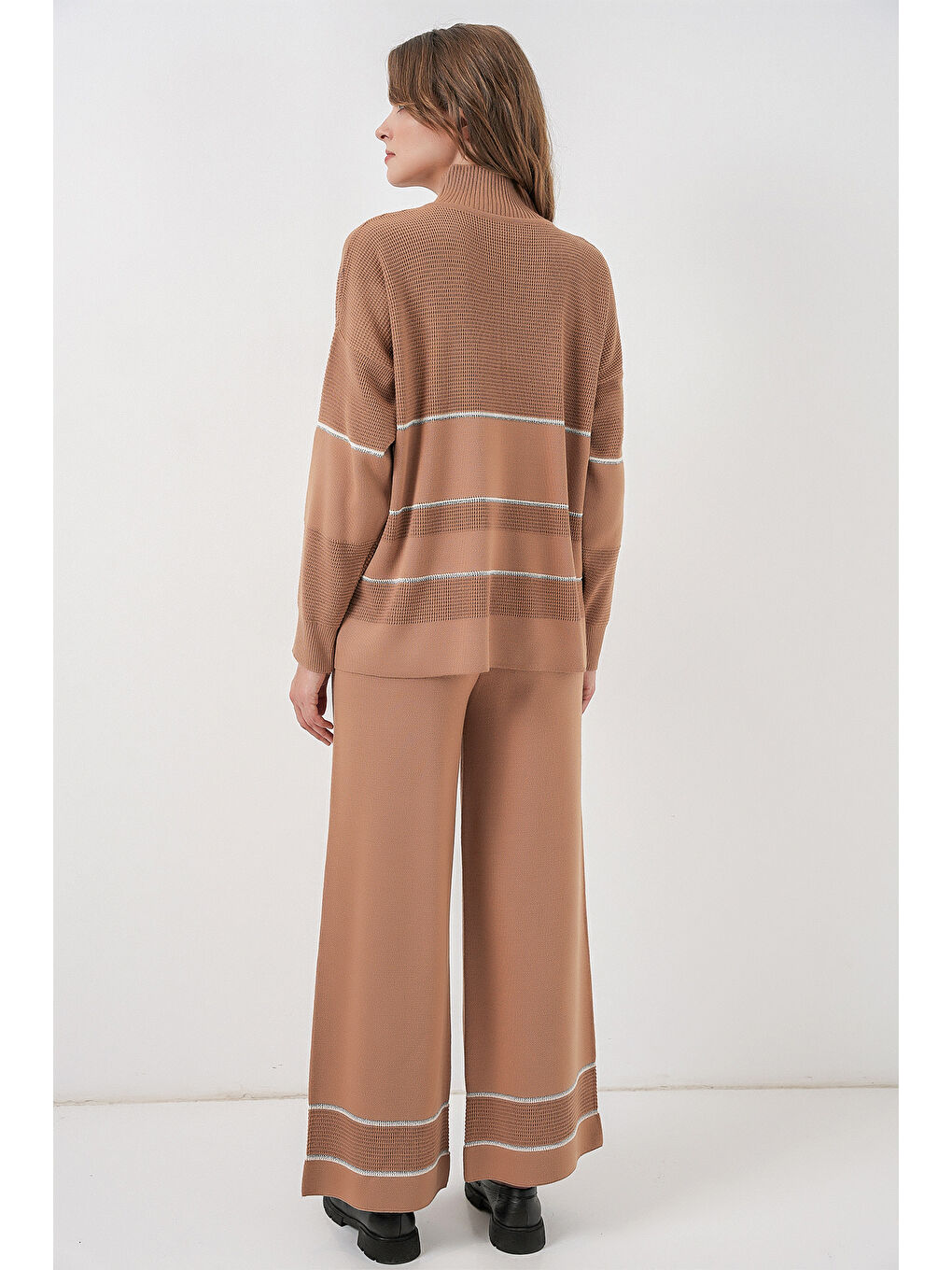 Sarı Kadın Çizgili Oversize Triko İkili Takım 15957 - Camel-5