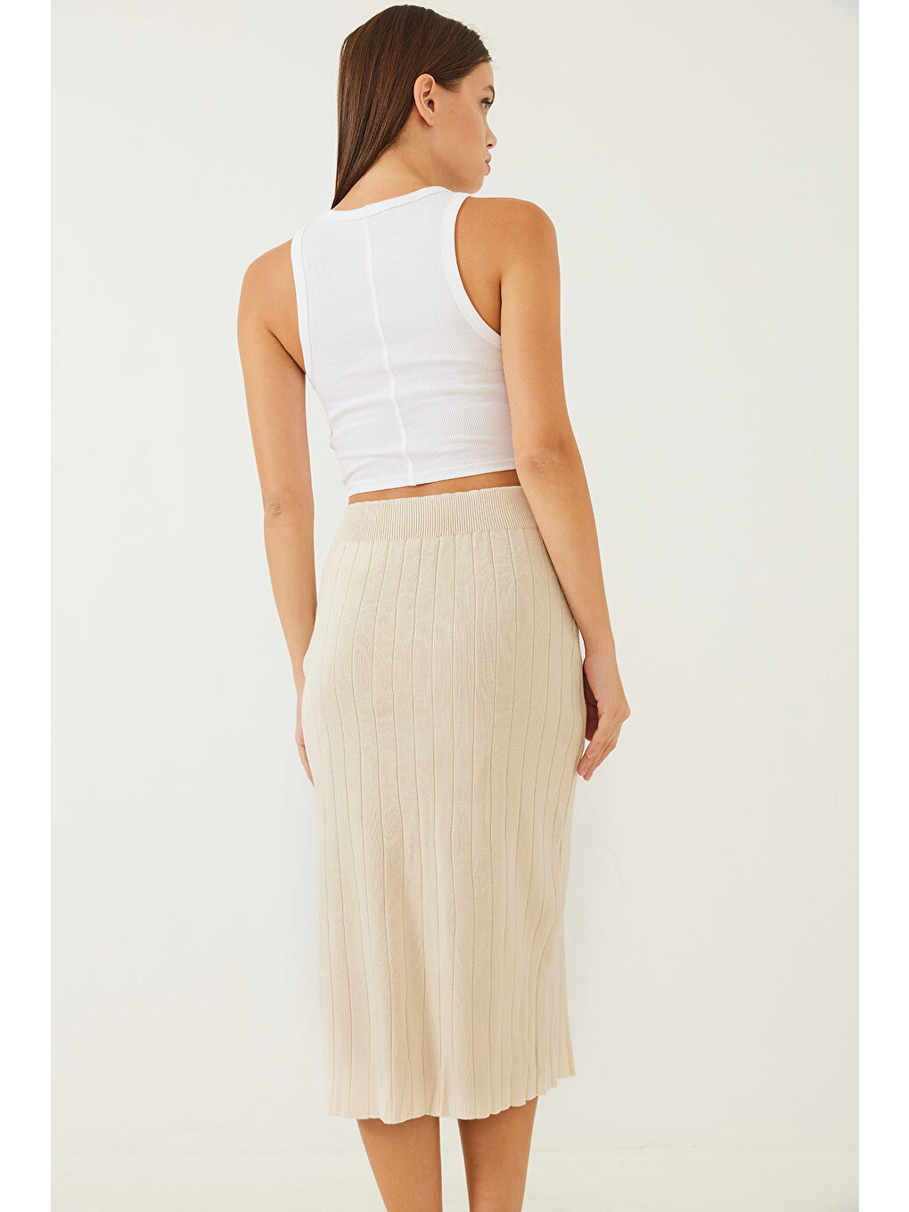 Ekru Kadın Düğme Detaylı Triko Etek-2