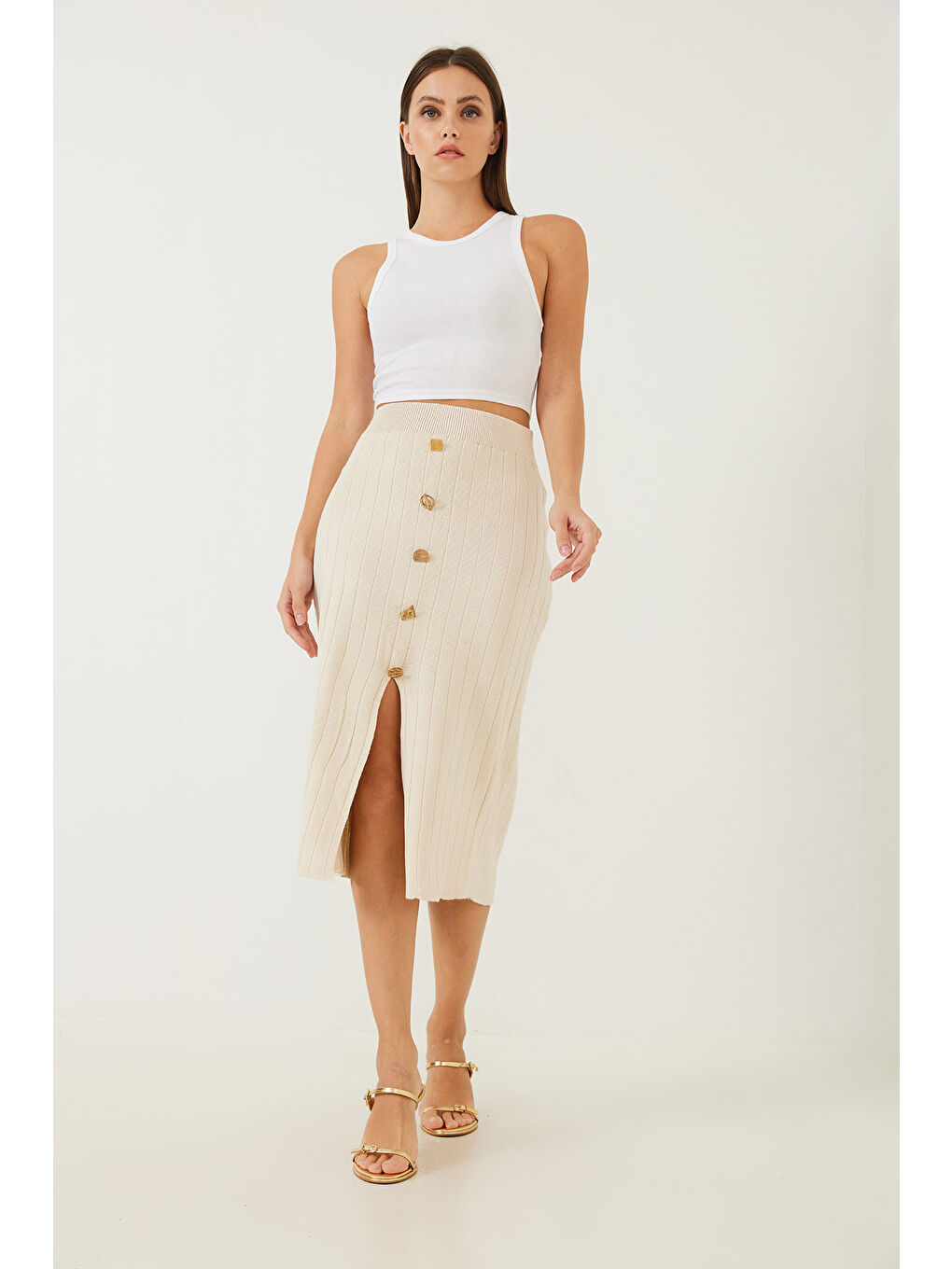 Ekru Kadın Düğme Detaylı Triko Etek-3