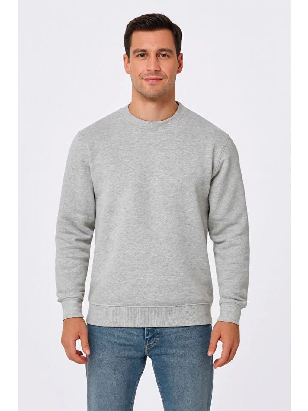 Erkek Üç İplik Düz Bisiklet Yaka SweatShirt - Gri