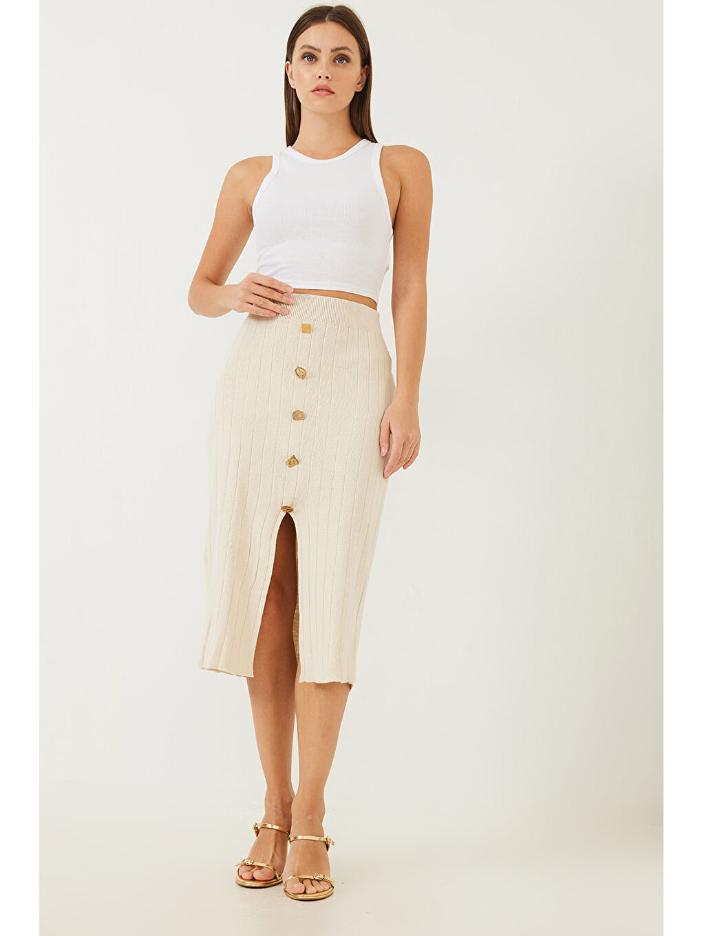 Ekru Kadın Düğme Detaylı Triko Etek-4