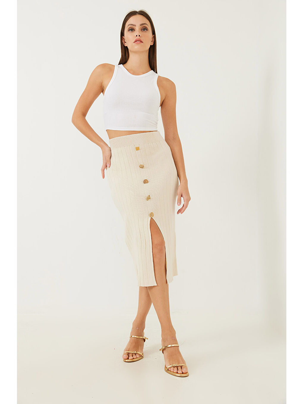 Ekru Kadın Düğme Detaylı Triko Etek-5