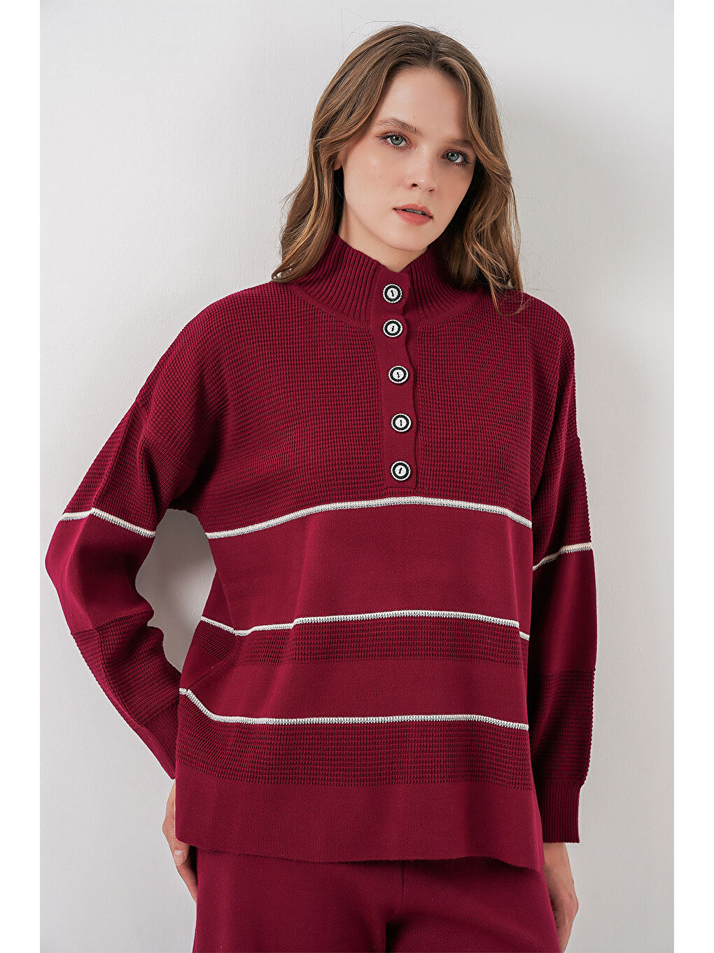 Kadın Çizgili Oversize Triko İkili Takım 15957 - Bordo-2