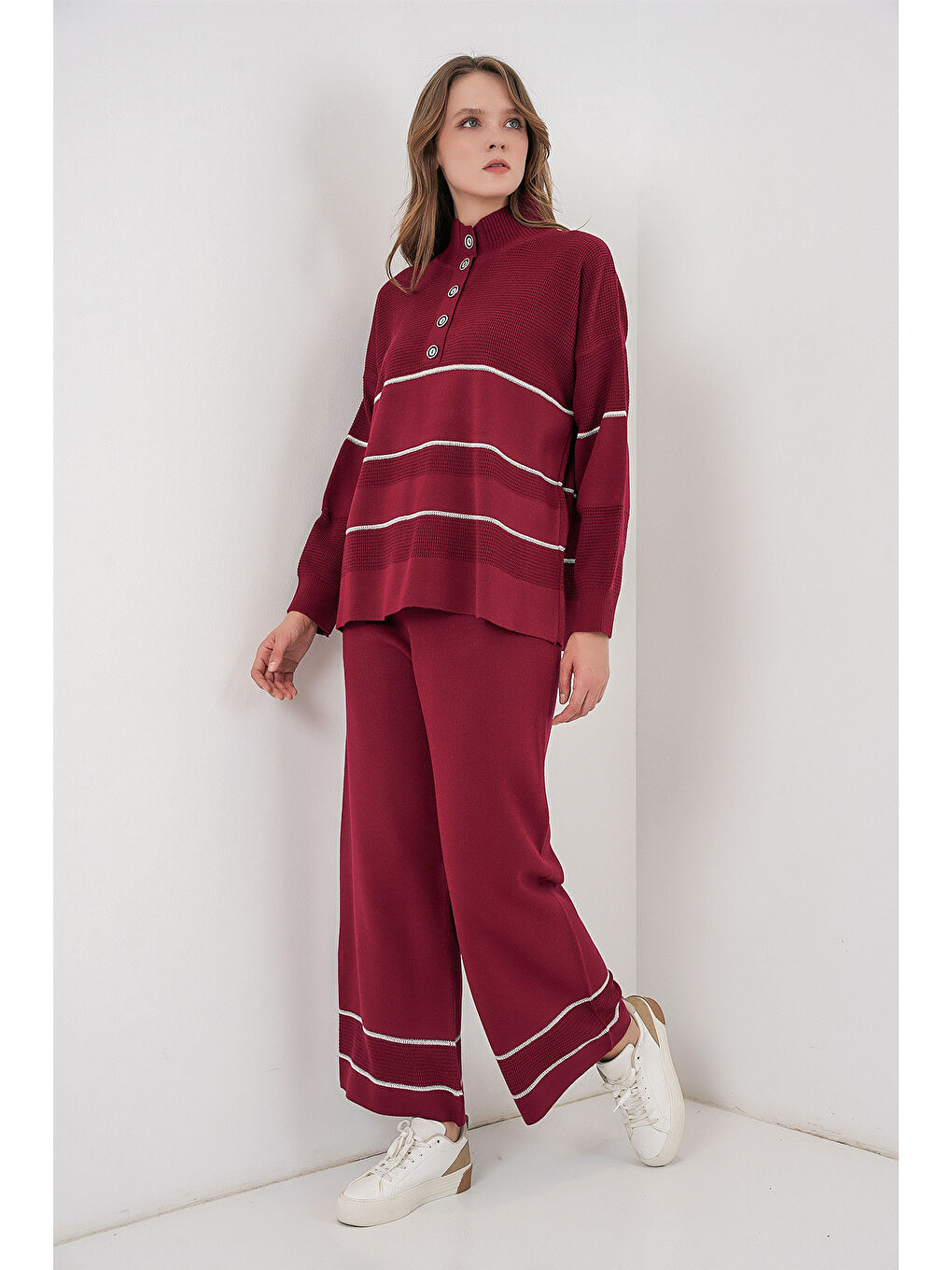 Kadın Çizgili Oversize Triko İkili Takım 15957 - Bordo-3