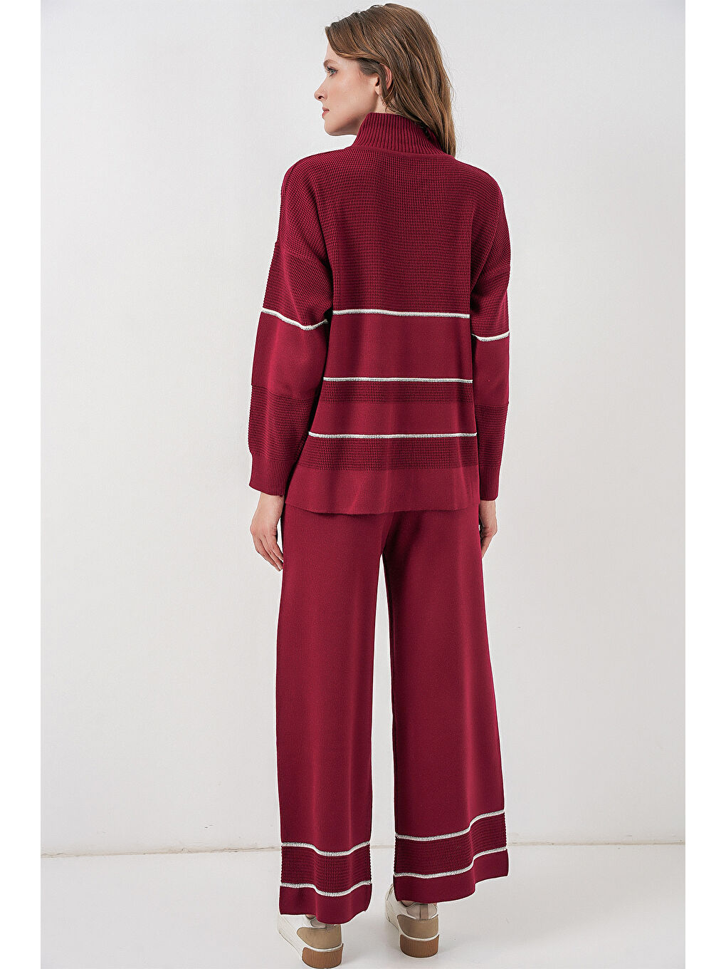 Kadın Çizgili Oversize Triko İkili Takım 15957 - Bordo-5