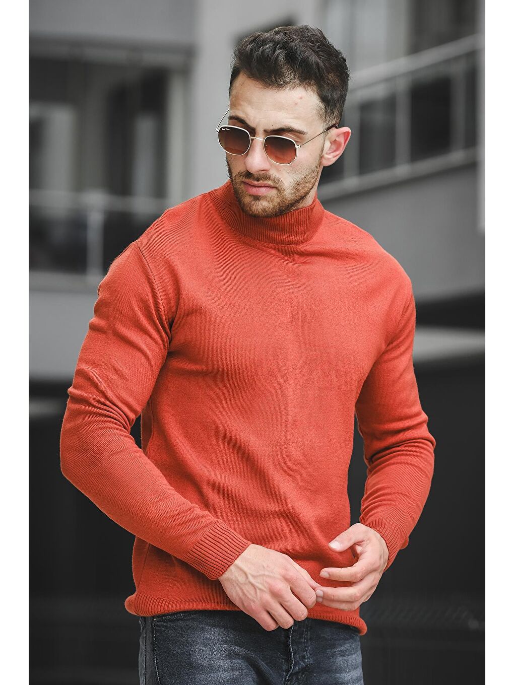 Oksit Turuncu Pamuk Slim Fit Erkek Yarım Balıkçı Kazak