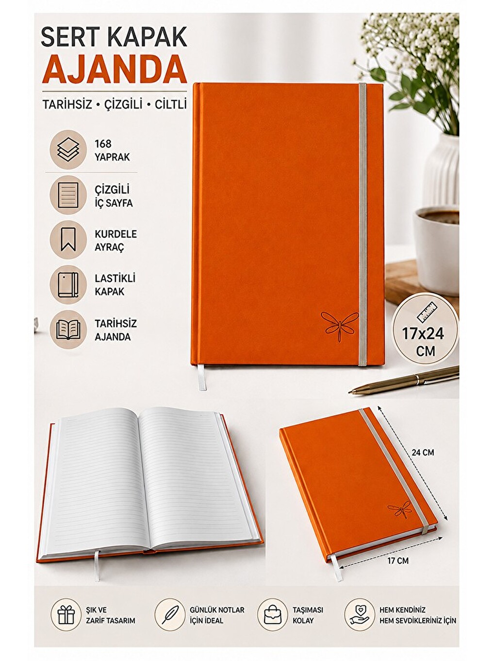 Kaliteli Tarihsiz Ajanda Not Defteri 17x24cm 1 Adet Lizz Ofs Lastili Kapak 190 Sert Kapak Ciltli 168